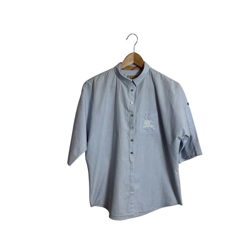 Burberry  Brit Womens Small Blue Big Logo Nova Check Trim Shirt Luxury Old Money